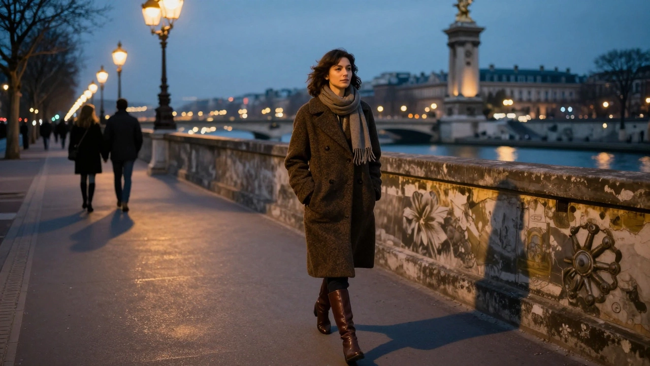 A brunette walking alone along the Pont Alexandre III at dusk, her reflection visible in the Seine under warm lamplight.