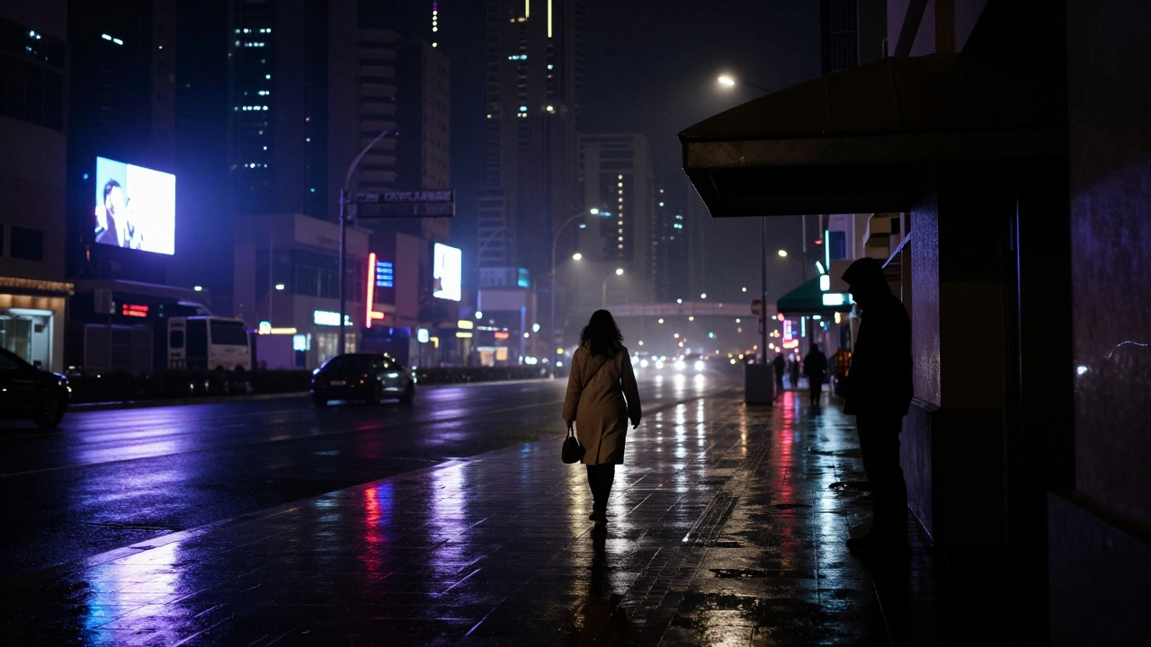 A lone woman walking away under Dubai’s neon lights at night, rain reflecting the city glow.