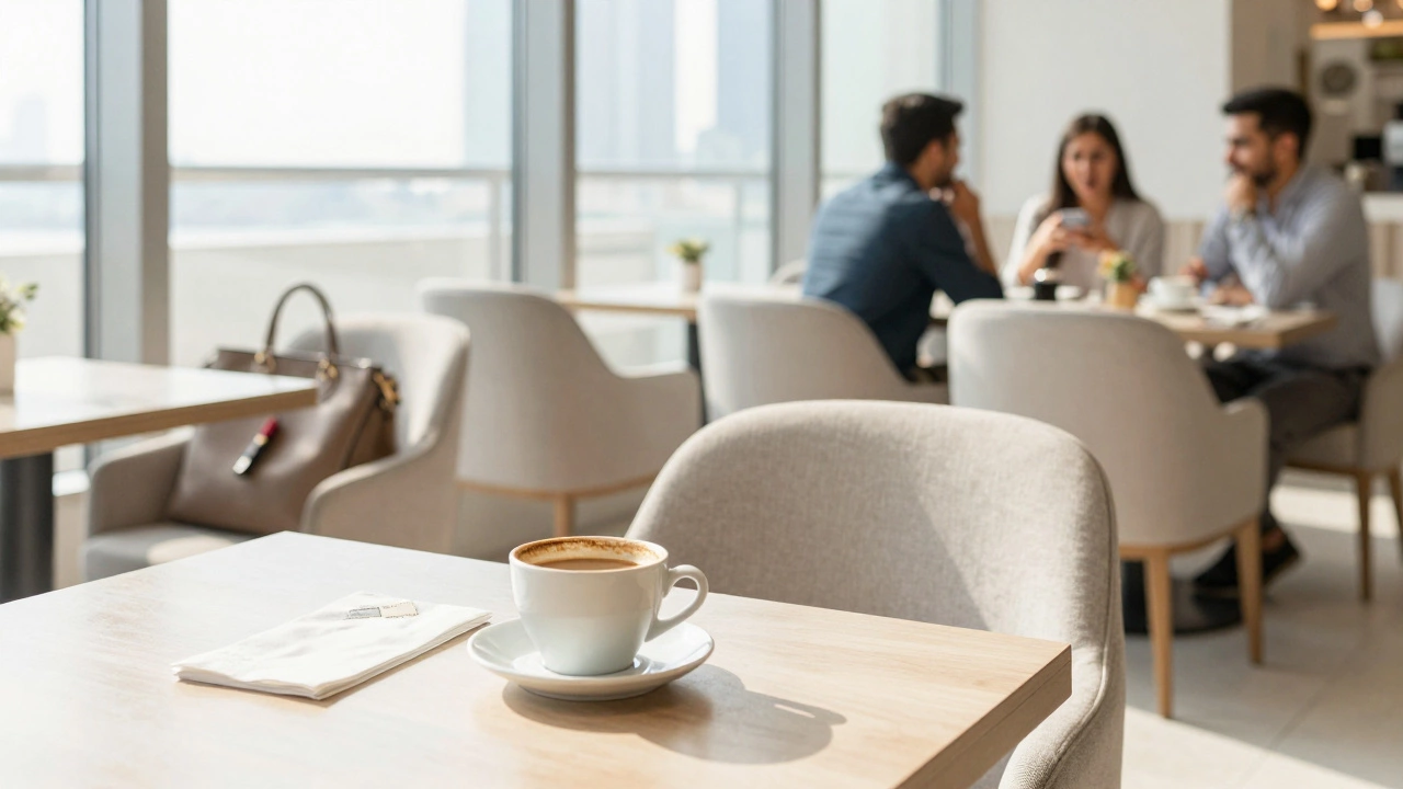 An empty chair in a Dubai café with a coffee cup and handbag left behind, sunlight streaming in.